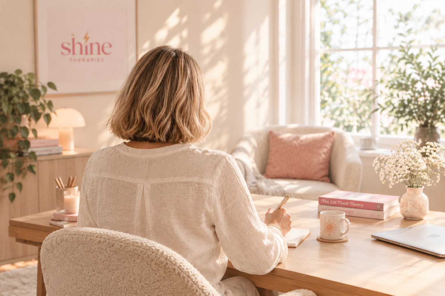 Wendy writing at her desk in the bright Shine Therapies room